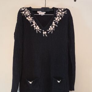 Karen Kane Black V-Neck Long Sleeve Sweater with White Embroidery